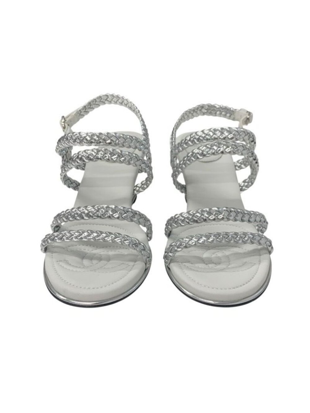 Chanel Sandals Shoes Leather Silver White Strap Braided Wedge Sole - Picture 2 of 9